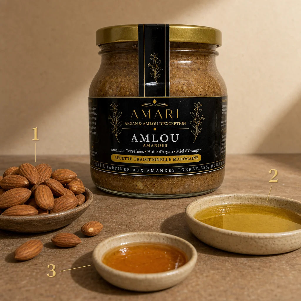 Square editorial ingredient composition with the exact AMARI 500 g amlou jar as the central visual a